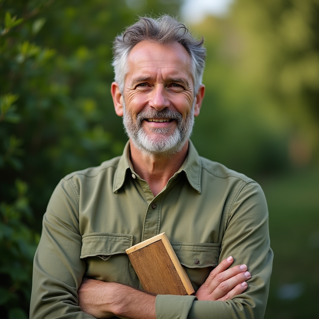 Martin Kovář, lektor biologie včel, muž středního věku v zahradě